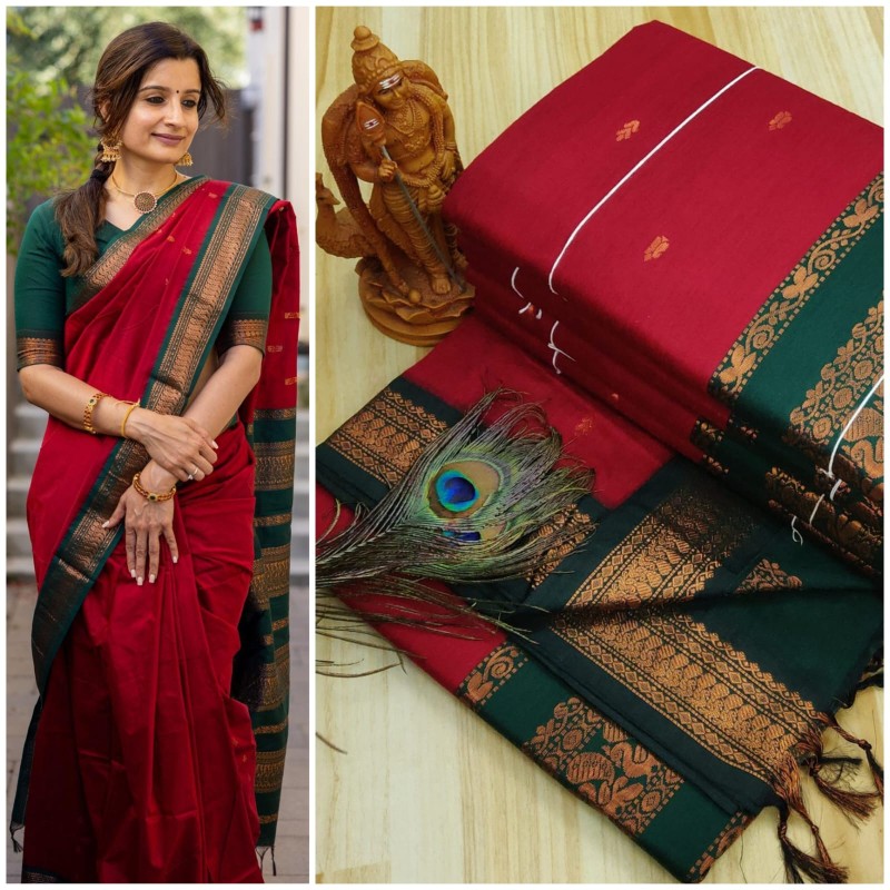Unique Queen's  Women's Premium Quality Kalyani Cotton Silk Saree with Zari Border with running Blouse 013