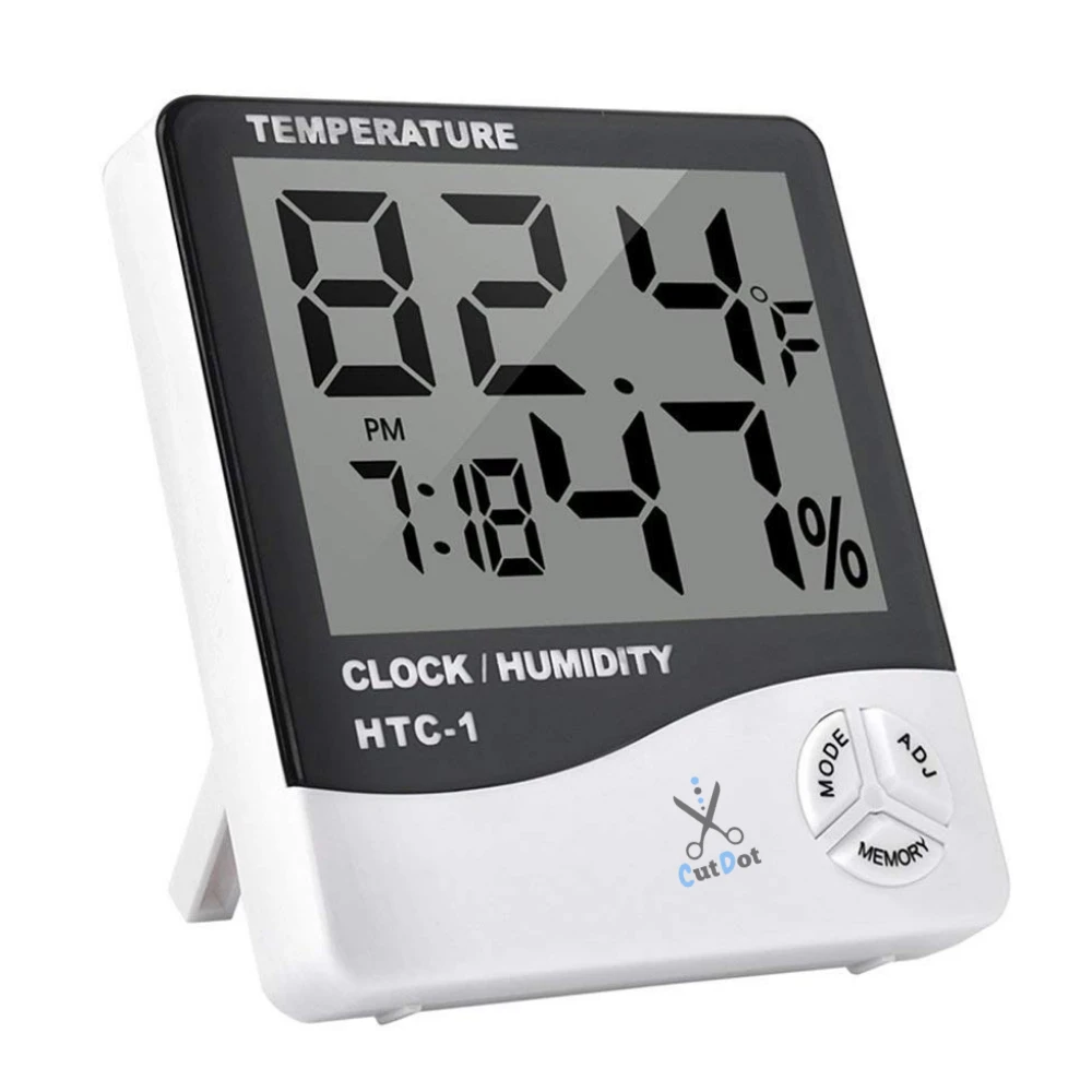 CUTDOT | HTC-1 Digital Hygrometer Thermometer Humidity Meter With Clock Big LCD Digital Display Accurate Temperature Indicator Wall Mounting / Table Stand Monitor for Indoor/Outdoor