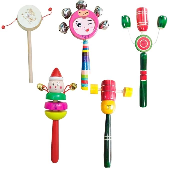 Nimalan's Toys Colourful Wooden Baby Rattle Toy - Hand Crafted Rattle Set for Kids - Musical Toy for Newly Born - Pack of 5(TIK s, White, cho, 2bell, face)