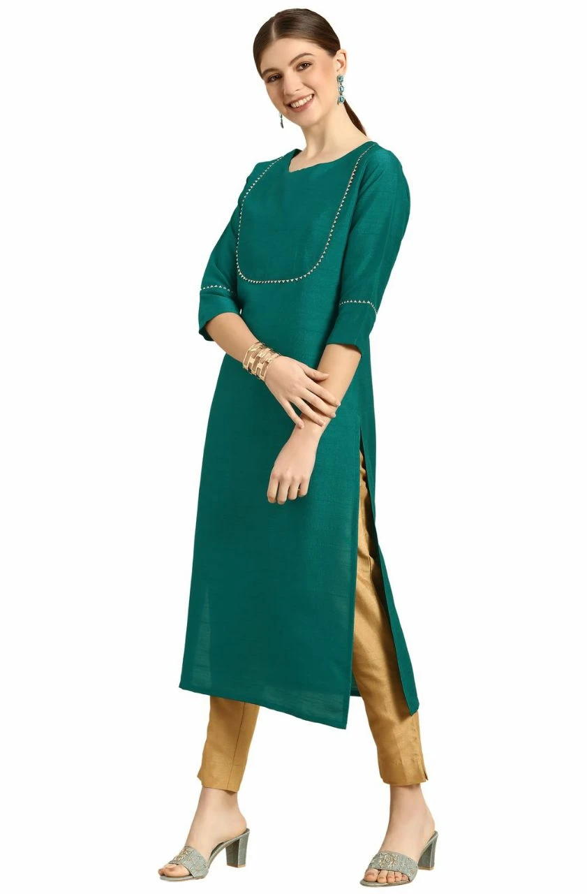 Green Chanderi Silk Kurti with Ankle Fit Pant - Straight Cut, Elegant Party & Casual Wear, Embellished Neckline, Comfortable & Stylish Ethnic Set