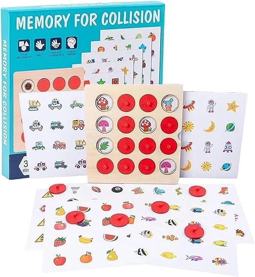 Memory Collision Game - (5 Diffrent Pattern Cards) Fish, ABC and Flowers, Numbers and Shapes, Vegetables and Fruits, Boats and Cars, Animals |Chessboard Knob Game for Kids and Toddlers