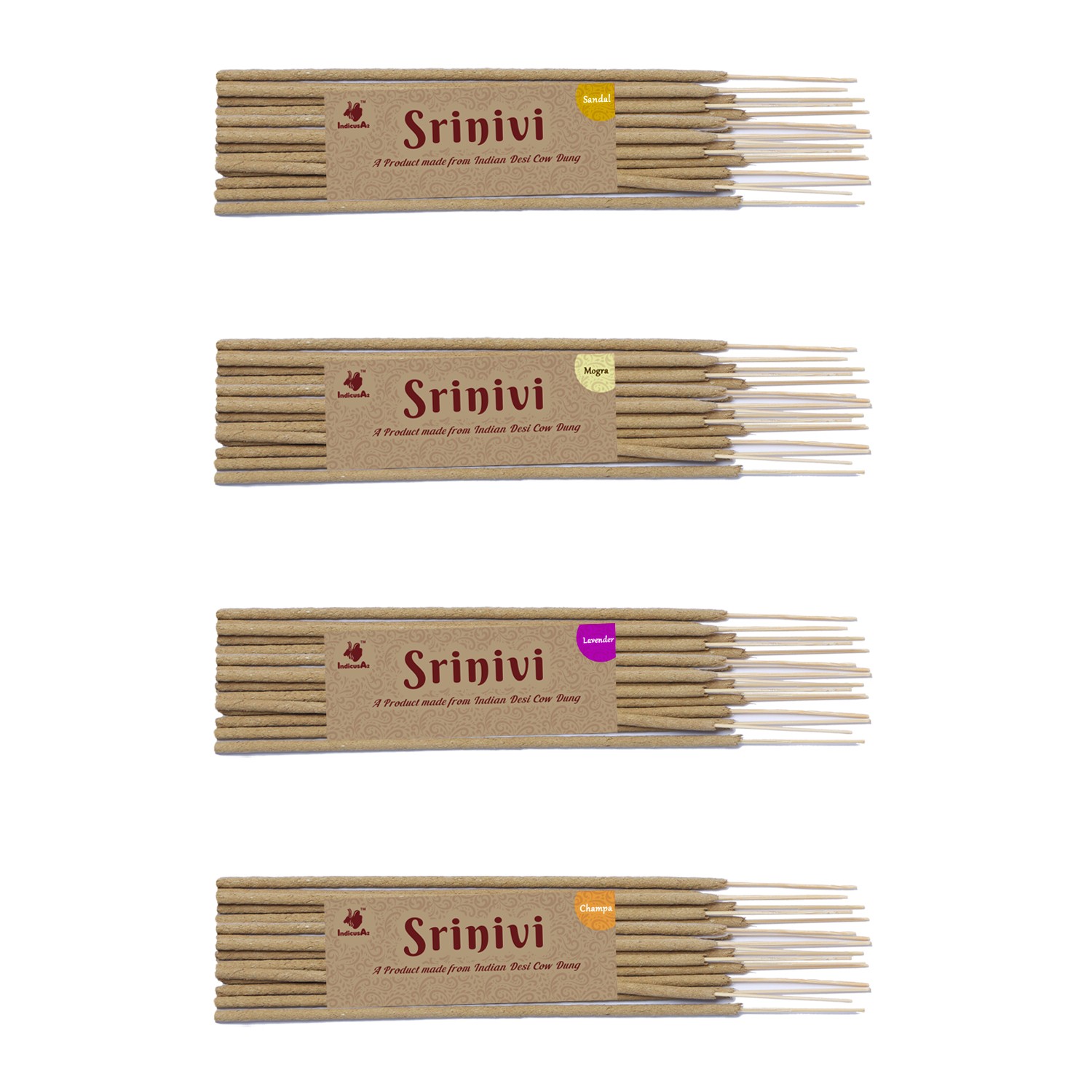 Srinivi Agarbattis - Made up of desi cow dung|Pack of 4|Each pack consists of 18 sticks|Fragrance – Sandal, Champa, Mogra, Lavender.