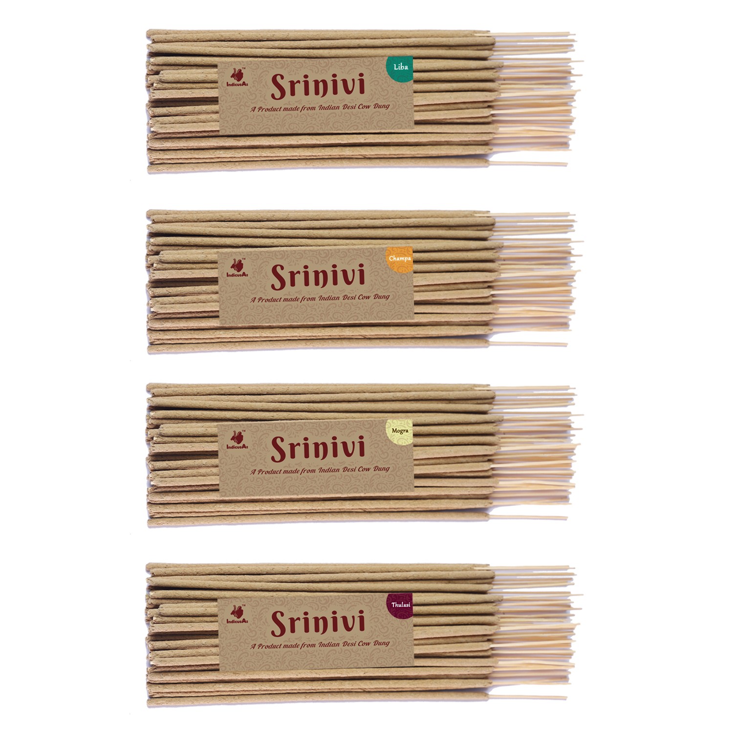 Srinivi Agarbattis - Made up of desi cow dung|Pack of 4|Each pack consists of 35 sticks|Fragrance – Liba, Champa, Mogra, Thulasi.