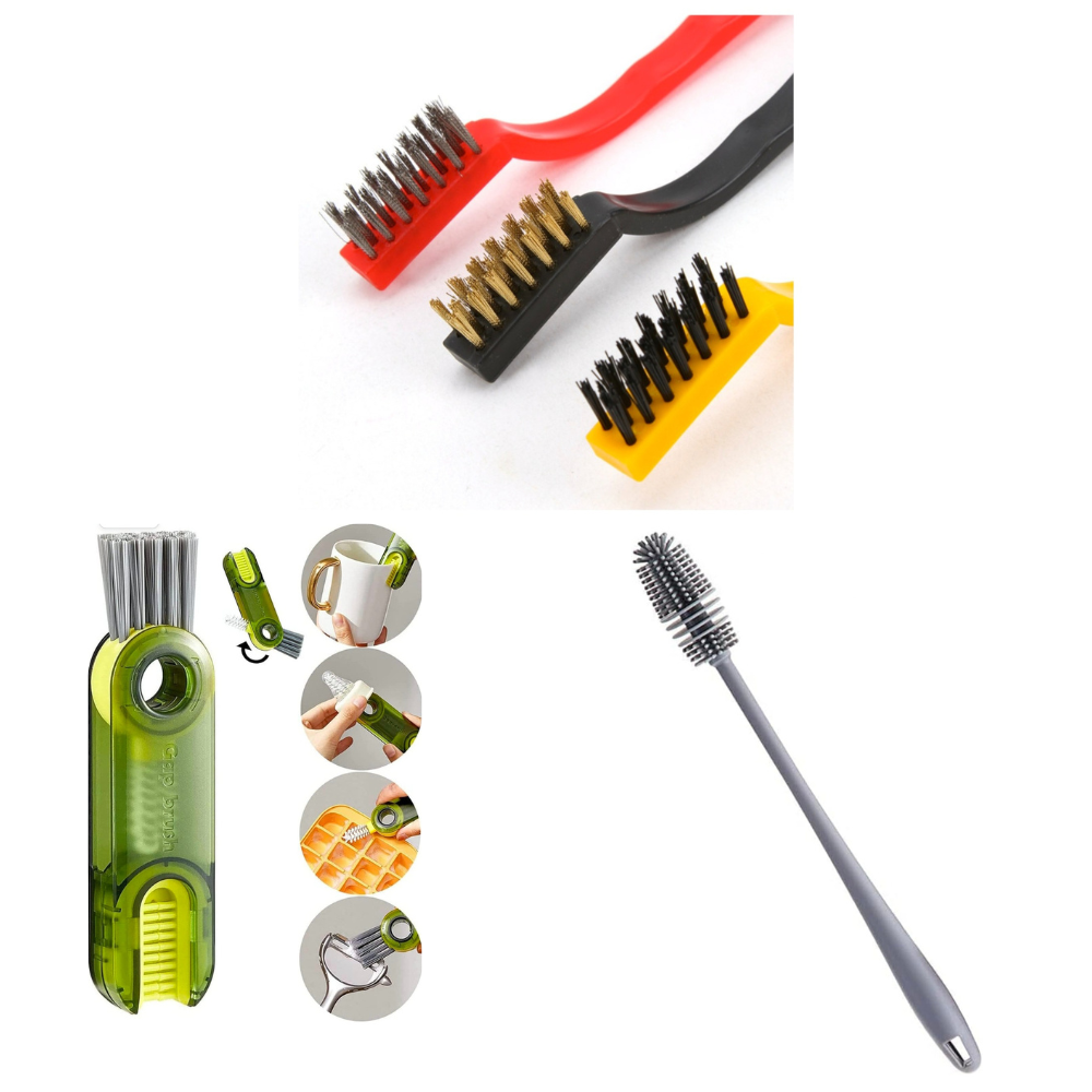Imoa Traders-Set of  3 multipurpose brushes|silicon bottle cleaning brush,3 in 1 cup lid gap cleaning brush,Gas stove burner cleaning brush set|combo of 3 types of brushes at 1 pack