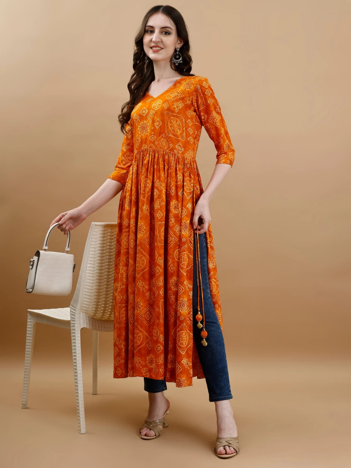 Women's Mustard Rayon Bandhani Printed Casual Flared Kurta - Ethnic Wear - Indian Clothing - Comfortable - Stylish - Summer Wear