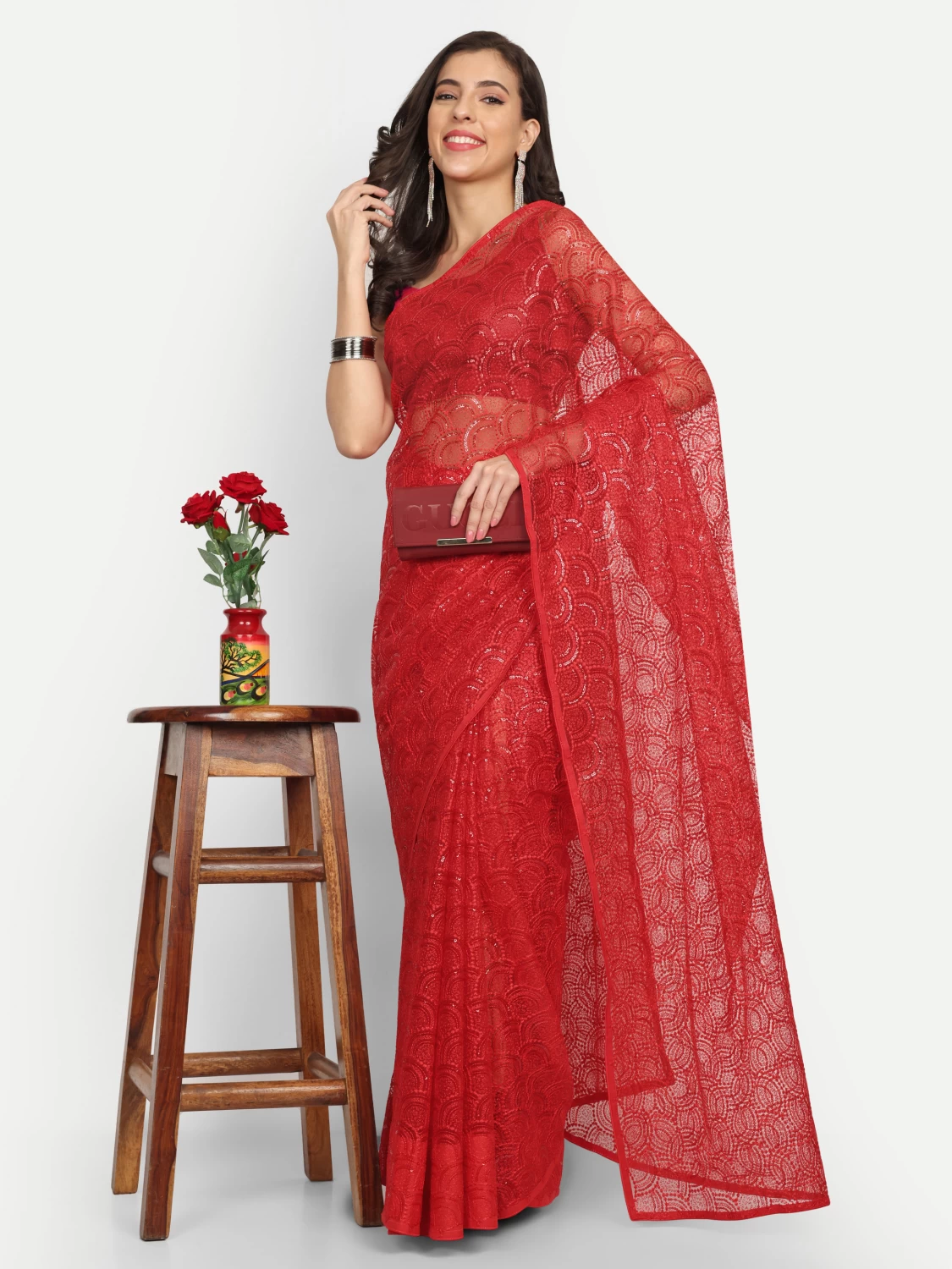 Red Net Saree |  Elegant & Sophisticated Designer Saree