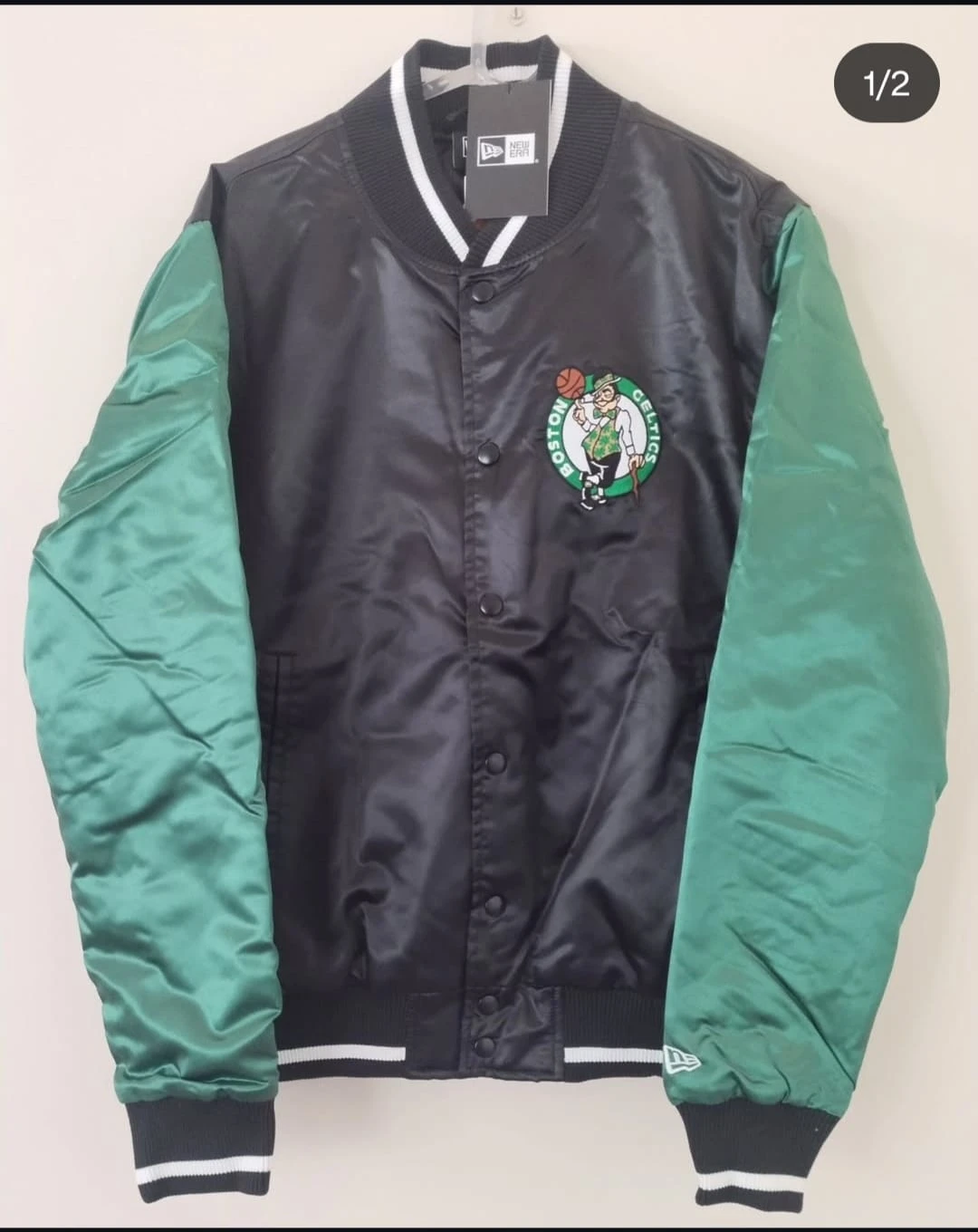 New Era Boston Celtics Varsity Jacket – Green & Black Satin Finish | NBA Streetwear