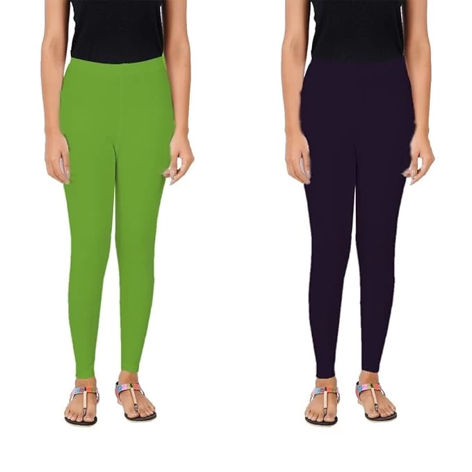 AULIKA Women's Bio-Wash Leggings, Made with 95% Cotton and 5% Spandex for Comfort, Flexibility, and Durability-Pack of 2 |   Parrot Green And Dark Violet