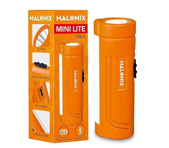 Halonix Plastic 1w and 2w Add-on Minilite Rechargeable Emergency Light Cum Pocket Flashlight Torch, With Usb Charging, Smooth Slide Switch