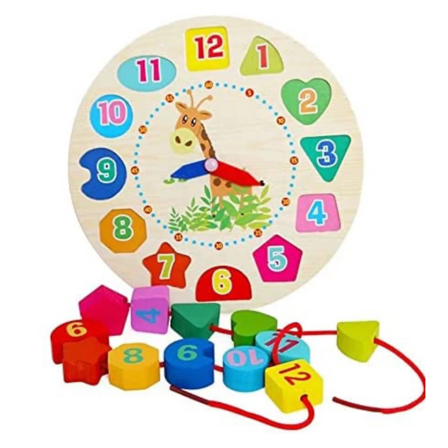 Shapes Lacing Clock -Multi-Color Wooden Montessori Analog Clock for Kids and Toddlers