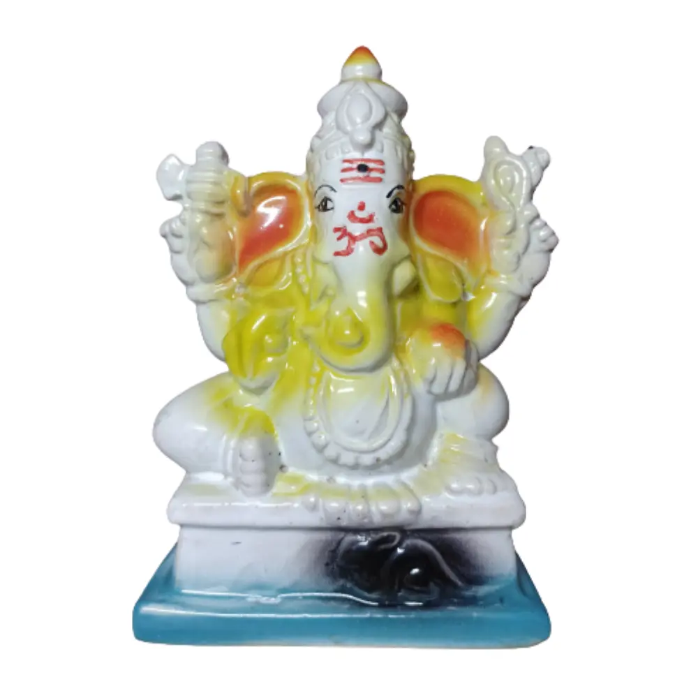 Lord Ganesha Ceramic Sitting Statue - 15cm, White/Orange, Handmade, Good Luck Idol for Pooja, Home & Office Decor, Spiritual Gift