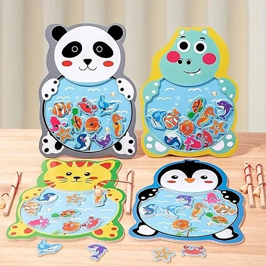 Fun with Fishing - (Pack of 1) (Random Design) Wooden Board Fishing Game Set Fun and Toy for Kids Colorful Fish Baby’s Hand-Eye Coordination