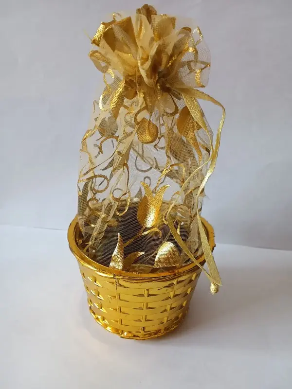 Mini gold bucket basket with net wedding Return gift | Pooja functions | Birthdays | Partys | Decorating plates for all occations | Multipurpose use