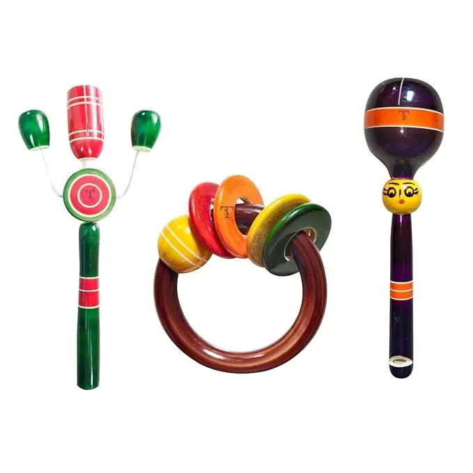 Nimalan's toys Colourful Wooden Baby Rattle Toy - Hand Crafted Rattle Set for Kids - Musical Toy for Newly Born - Wooden Ring Teether for New Born Babies - Baby Teethers(pack of 3)Tik big, head rattle