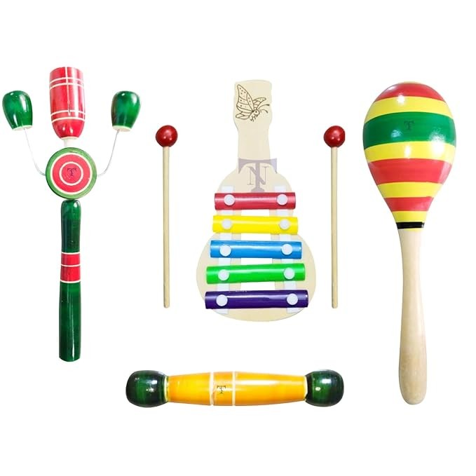 NARPAVI Arts & Crafts- Colourful Rattles and Xylophone Toys for Kids - Non-Toxic Attractive Rattle for New Born – Wooden rattles and xyolophone with teether (Pack of4)