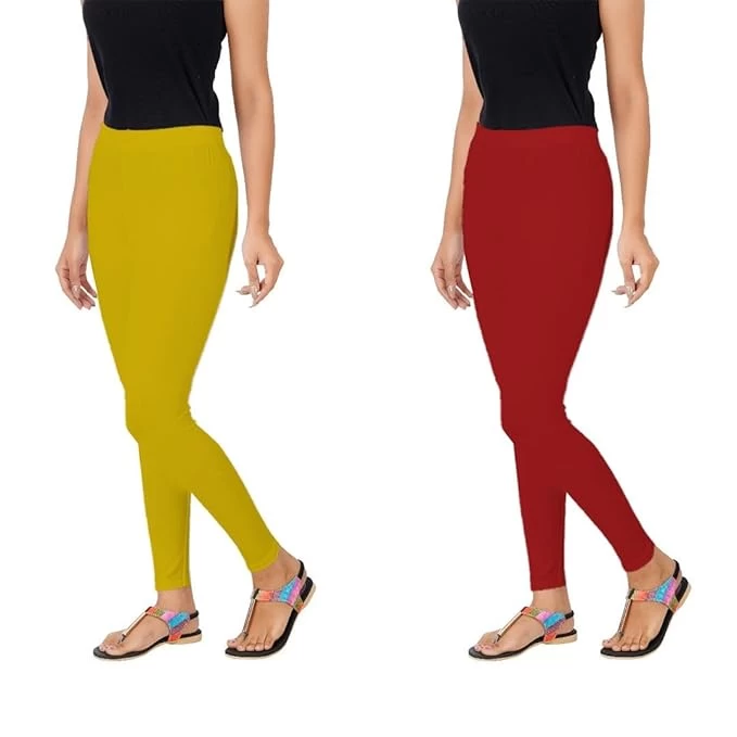 AULIKA Women's Bio-Wash Leggings, Made with 95% Cotton and 5% Spandex for Comfort, Flexibility, and Durability-Pack of 2 |  Csk Yellow And Red