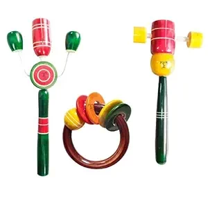 Nimalan's toys Colourful Wooden Baby Rattle Toy - Hand Crafted Rattle Set for Kids - Musical Toy for Newly Born - Wooden Ring Teether for New Born Babies - Baby Teethers(pack of 3)Tik big, cho rattle,
