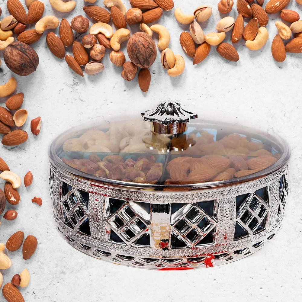 Multipurpose Dry Fruit Box - 4 Section, Round Silver Gift Box (1 Pc)