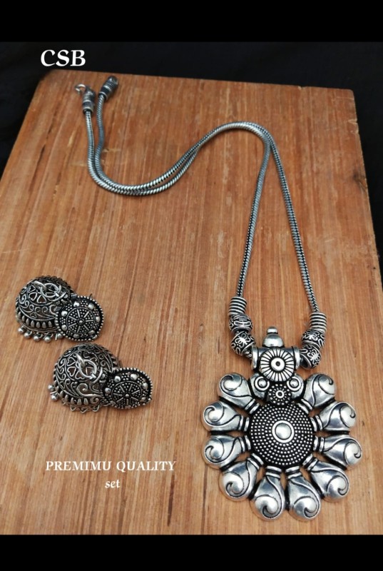 Oxidized German silver long haram with earrings for women's and girls