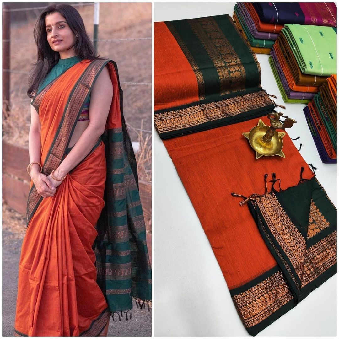 Unique Queen's  Women's Premium Quality Kalyani Cotton Silk Saree with Zari Border with running Blouse 014