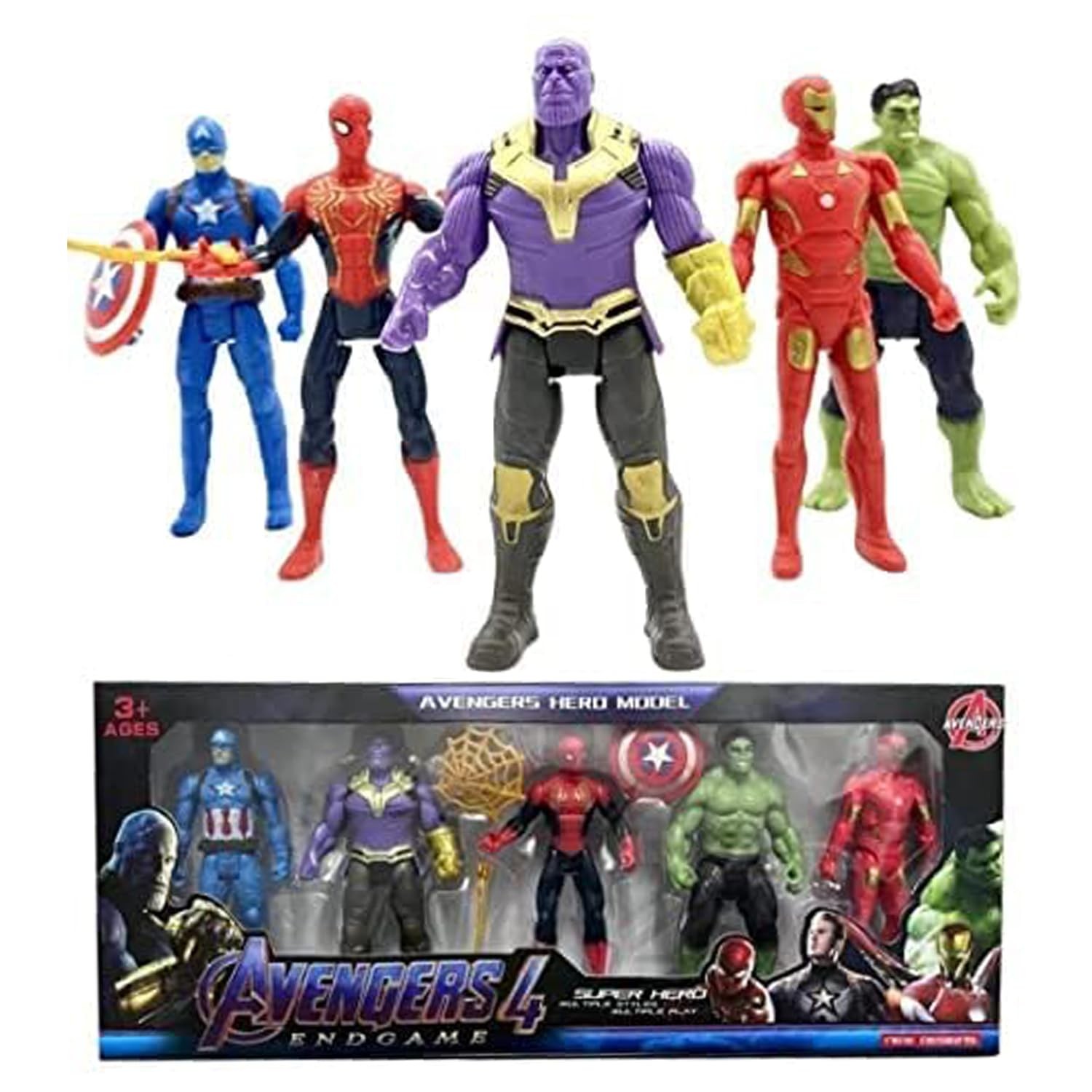 ECOMMZ  Avengers Toy Set of 5 Twist and Move Marvels Super Hero Characters Action Figures Play Set Captain America, Hulk, Thanos, Iron Man and Spider Man Best Gift for Birthday for Baby, Multicolor.