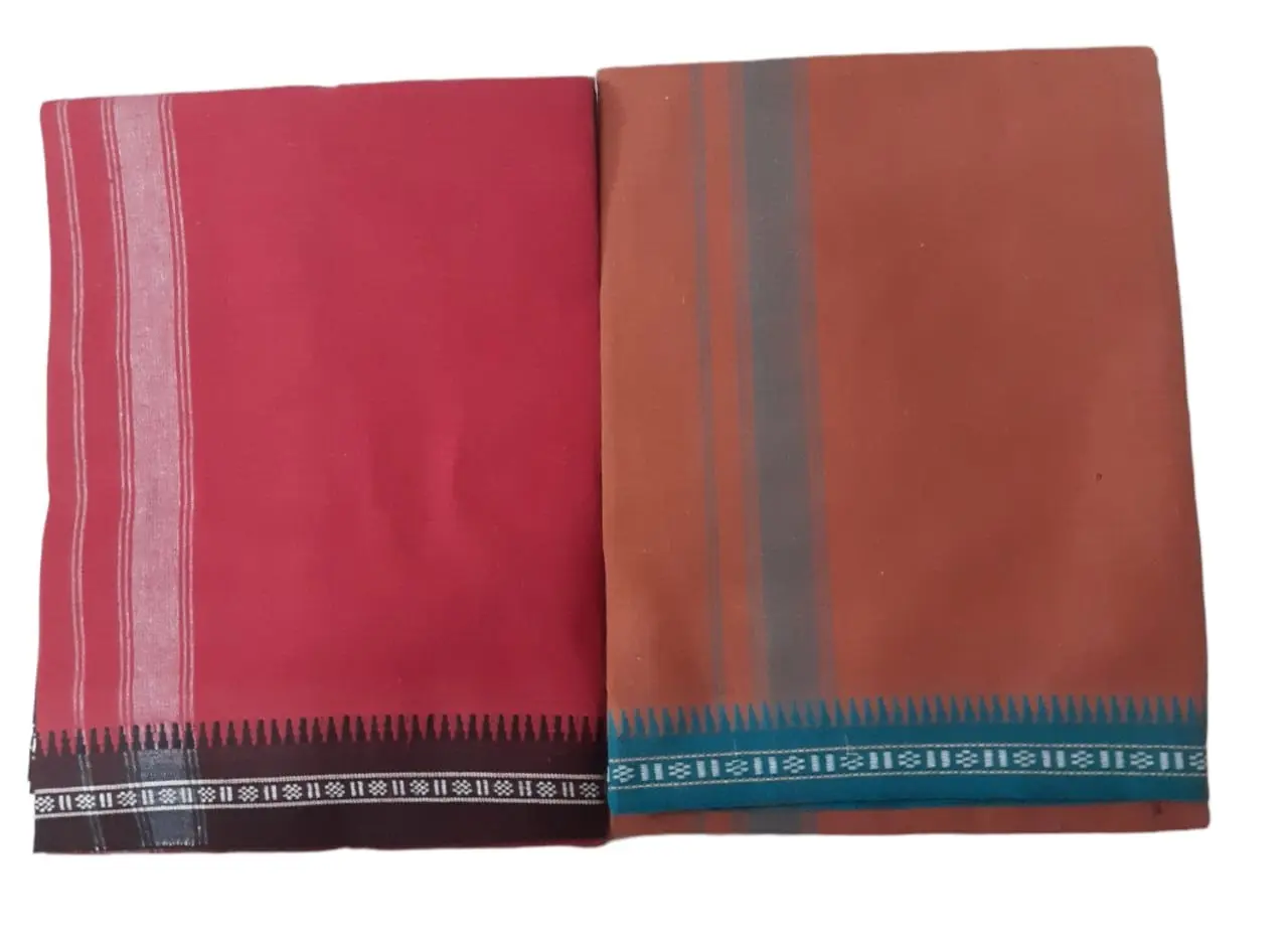 100% COTTON MENS DHOTI / VESHTI / MUNDU - [ KAVI + MAROON ] - 2 PCS PACK