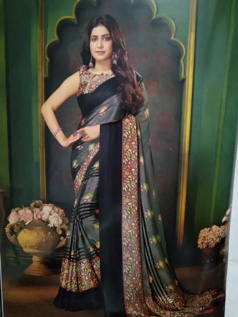 Women's Brasso silk sarees with blouse(Black)