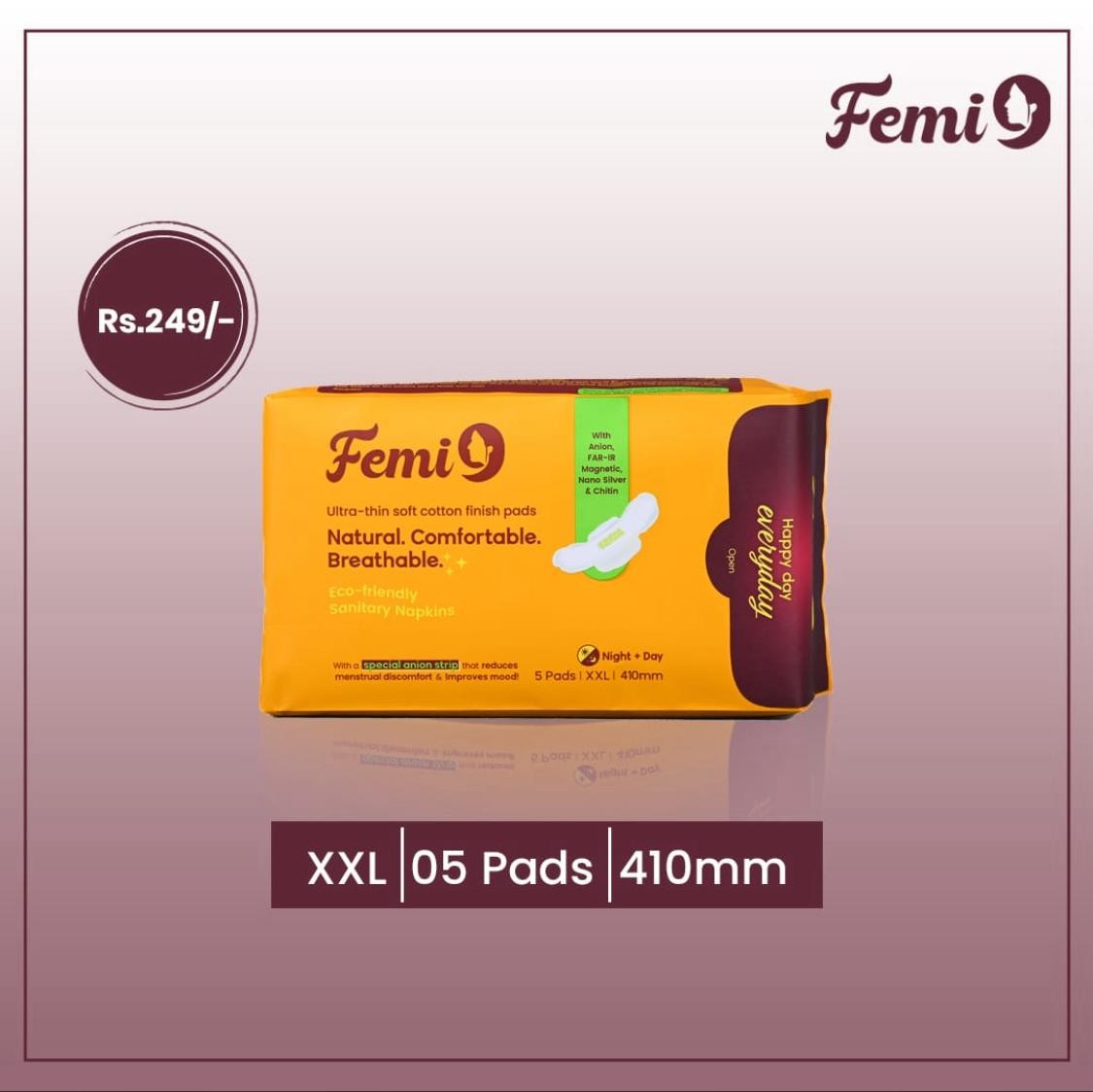 femi9 All Night Ultra Comfort Sanitary Pads for Women | XXL Pads-410mm | Anion Technology | Wider back | Leak Proof | Odor-Free | 5 Pads