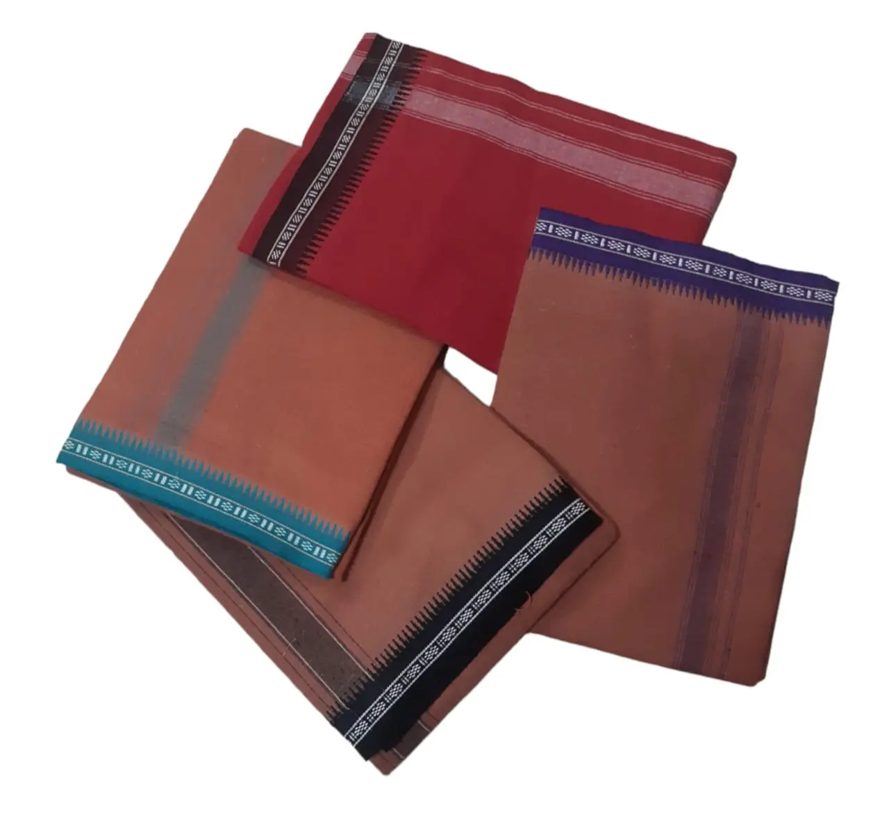 100% COTTON MENS DHOTI / VESHTI / MUNDU - KAVI + MAROON - 4 PCS PACK