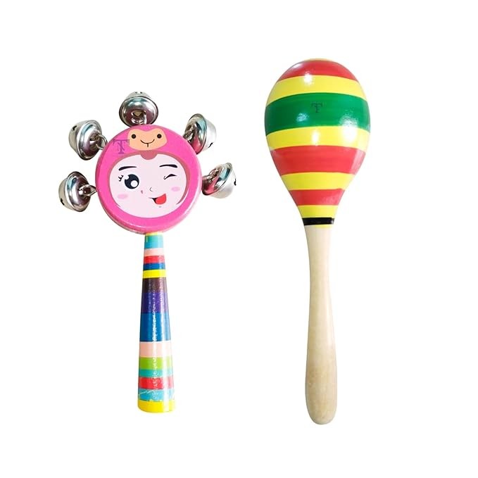 Nimalan's Toys Colourful Wooden Baby Rattle Toy - Hand Crafted Rattle Set for Kids - Musical Toy for Newly Born- Pack of 2(Egg face)