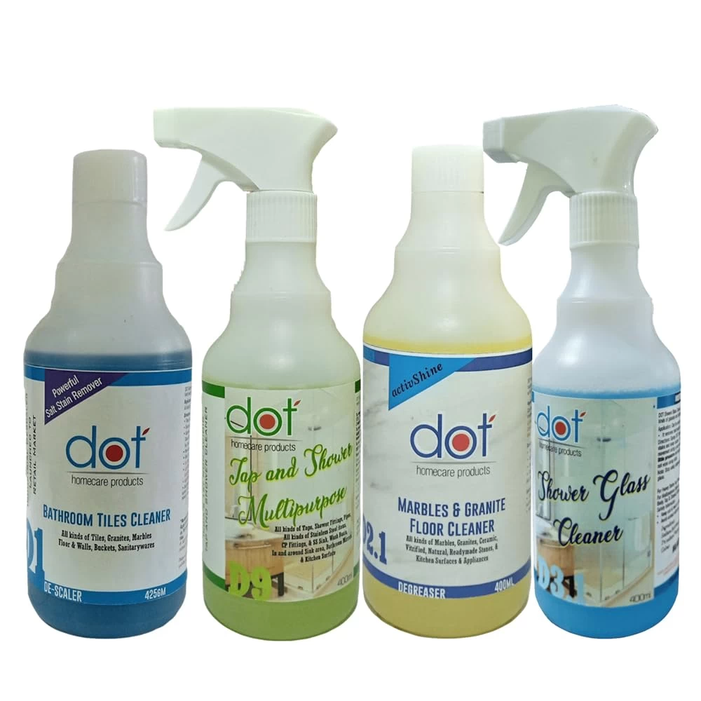 DOT Bathroom Tiles Cleaner Descaler 500ml, Tap Shower Mirror, Kitchen Surface SS Sink, Floor Cleaner, Kitchen Cleaner & Degreaser, Shower Glass Cubicle Cleaner 400ml each (Combo Pack)