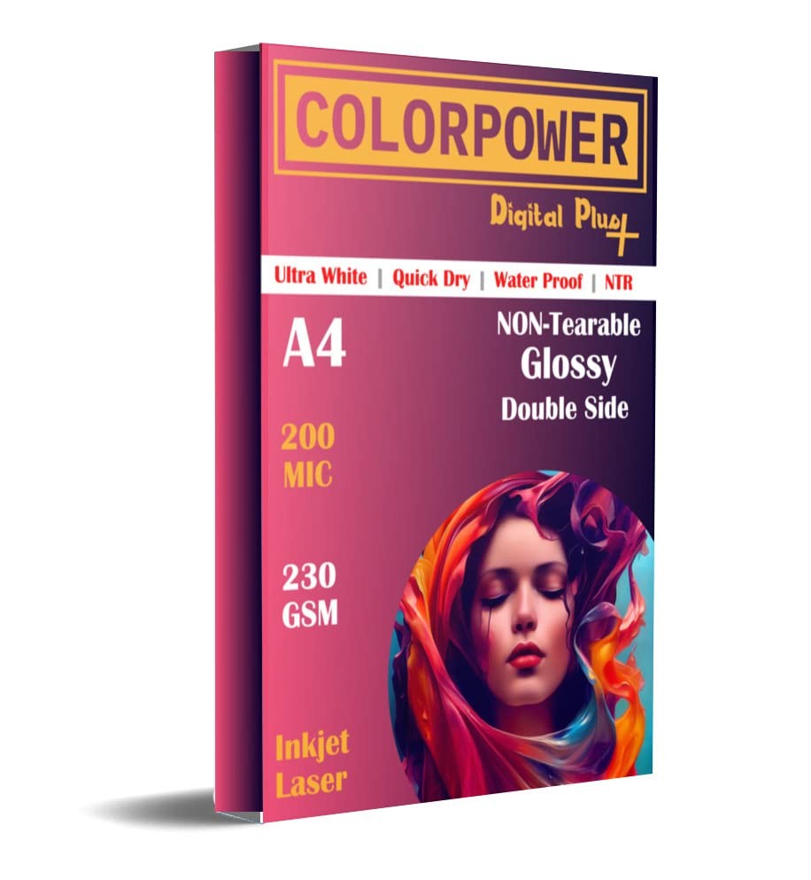 ColorPower A4 Photo Glossy Non-Tearable Paper Ntr (Both Side Coated/Printable) 200 Microns / 230 Gsm For Digital, Inkjet And Laserjet (Pack of 10Pcs)