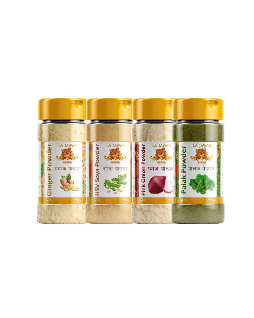 Lajawab Unique Spice Powder Set - Ginger, HSV Soya, Pink Onion, Palak (Spinach) - Natural Flavors for Indian Cuisine, 4 Pack, Authentic Taste