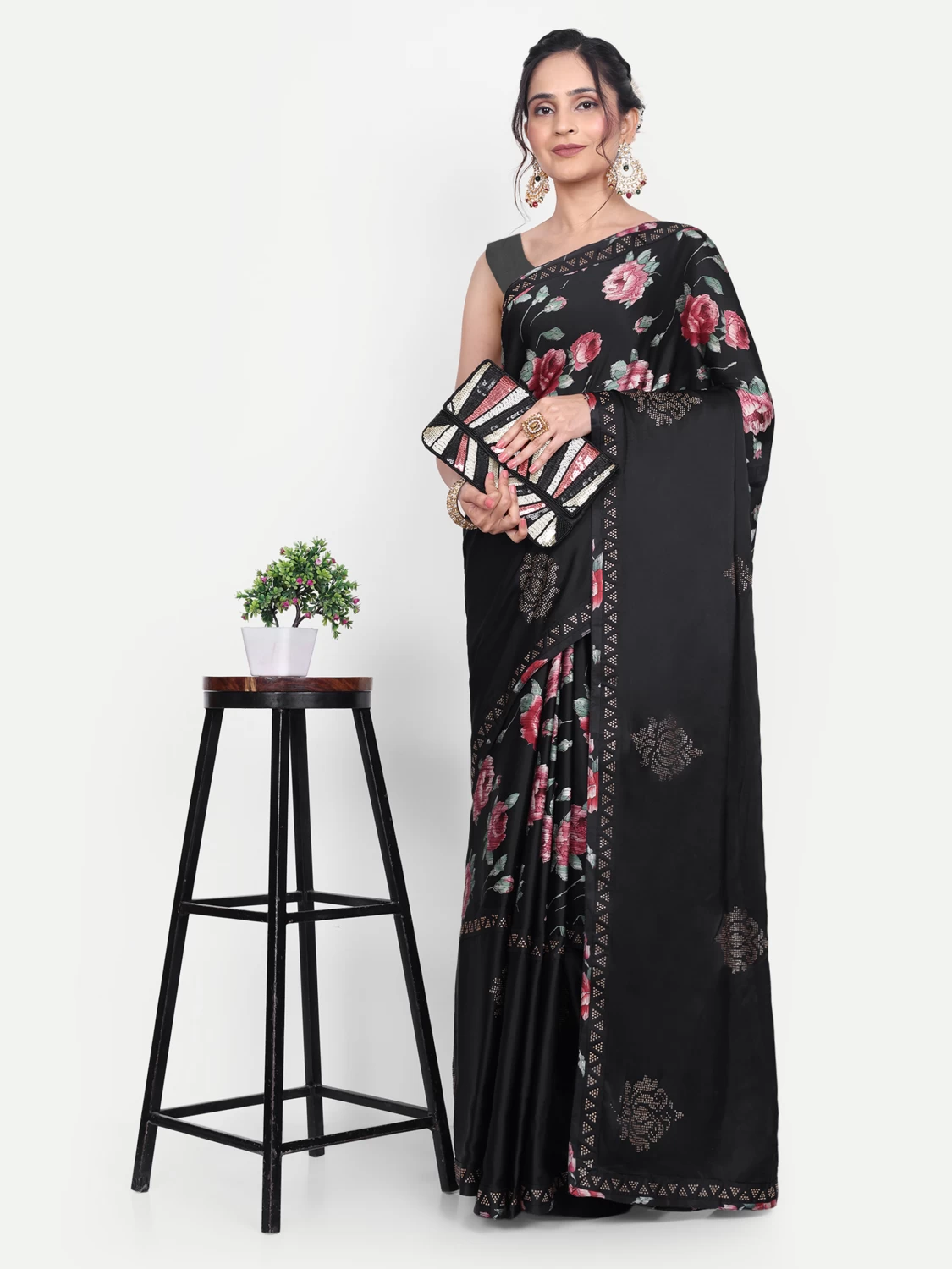 Black Satin Saree | Elegant & Glossy Designer Saree with blouse