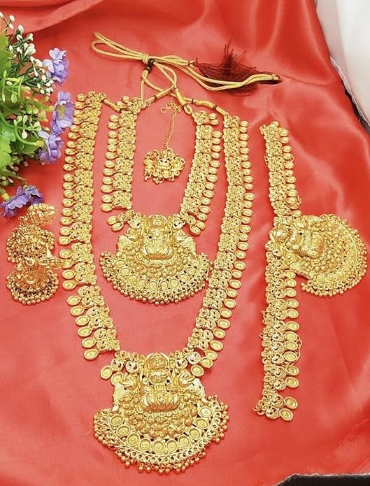 Gold finish Lakshmi pendant necklace full combo set for bridal