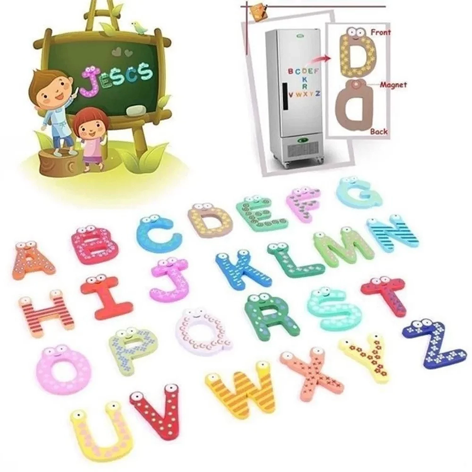 Alphabet Magnet - Cartoon Colorful Wooden A-Z Alphabet Letters Fridge Magnets Magnetic Stickers/Kids Learning Funny