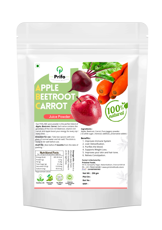 Prifo traditional goodness ABC Juice Powder - Apple Beetroot Carrot Juice Powder | Natural Drink | Instant | No White Sugar added | Chemical Free Processing - 250 Grams Pack.