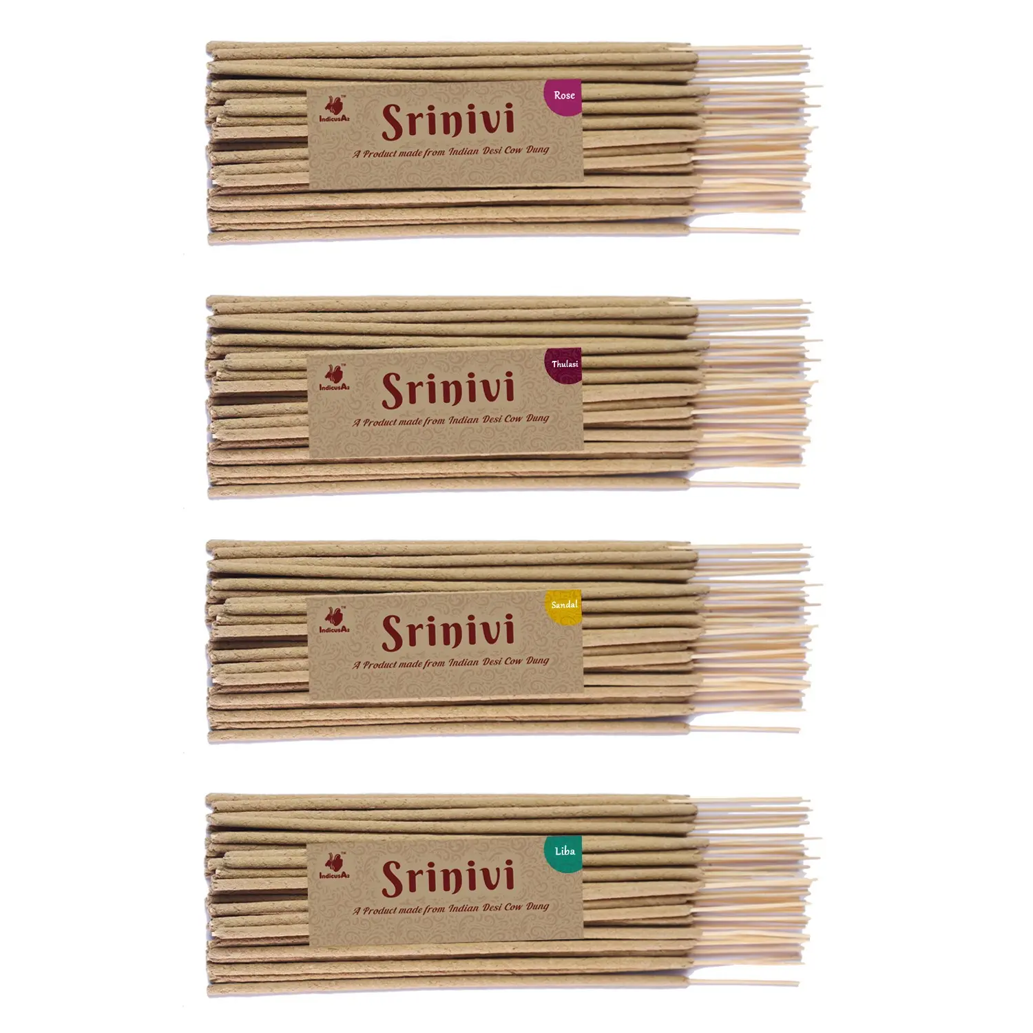 Srinivi Agarbattis - Made up of desi cow dung|Pack of 4|Each pack consists of 35 sticks|Fragrance – Rose, Thulasi, Sandal, Liba.