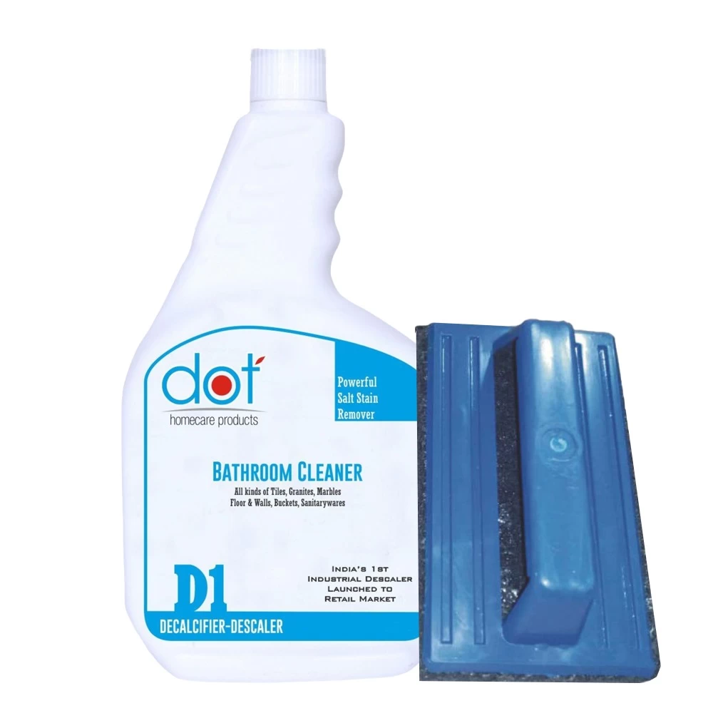 DOT Bathroom Tiles Cleaner Descaler, 750ml, HANDLE Scrubber 1pc, Remove heavy salt stains, hard water marks, lime scale, calcium, soap scum, mold, rust and fungus-Strong Acid with ZERO FUMES & SMELL