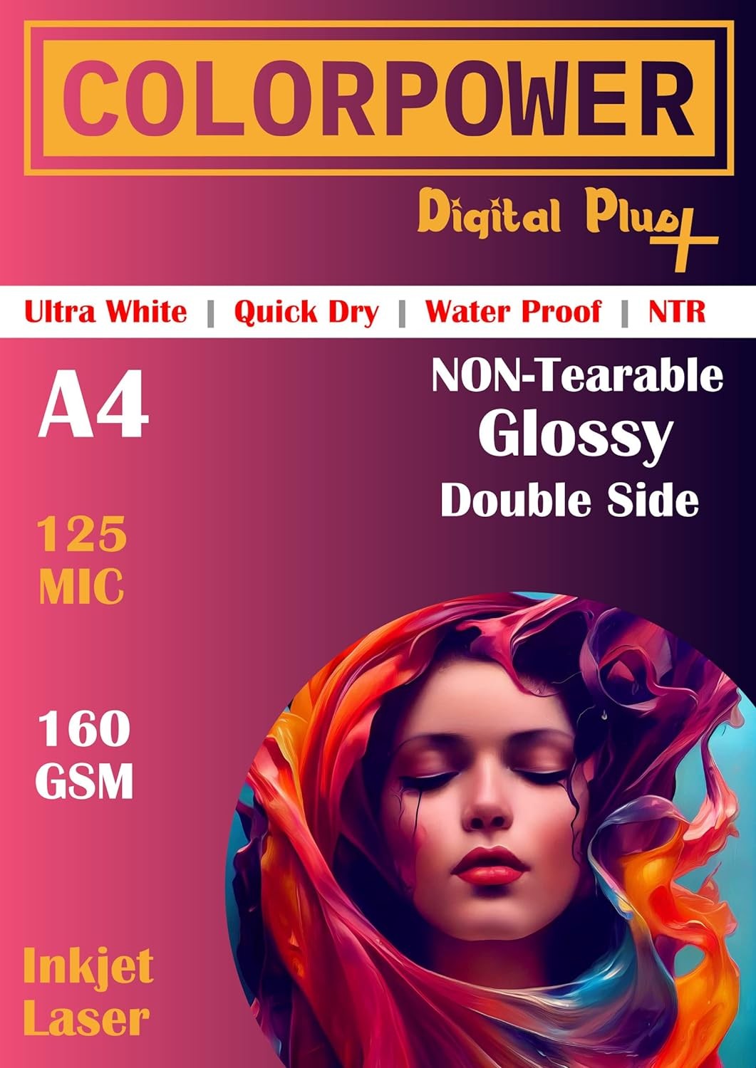 ColorPower A4 Photo Glossy Non-Tearable Paper Ntr (Both Side Coated/Printable) 125 Microns / 160 Gsm For Digital, Inkjet And Laserjet (Pack of 10Pcs)