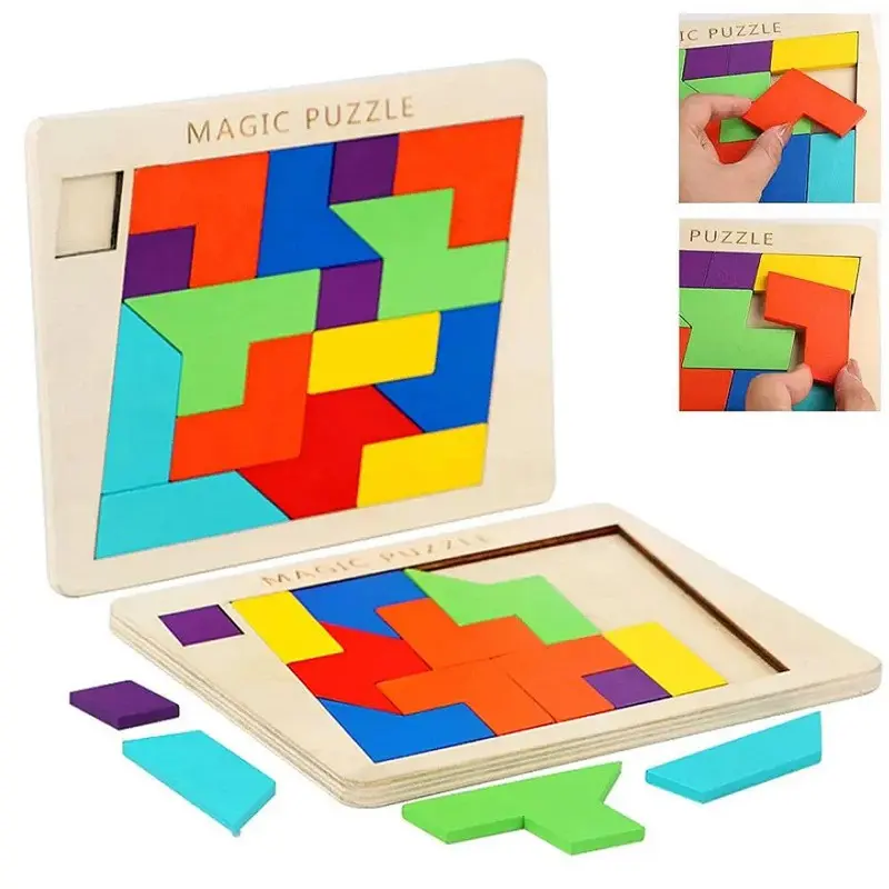 Geometric Tangram Brain Teasers - Wooden Puzzle Blocks Brain Teasers |Jigsaw Logic IQ Game | Colorful Shape Pattern | Montessori STEM Educational Toys | Challenges for All