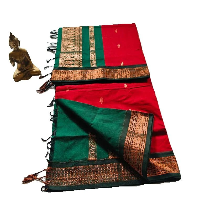 100% Pure Kalyani Cotton Saree, Maroon with Green Pallu, Traditional Butta Design, Zari Border.