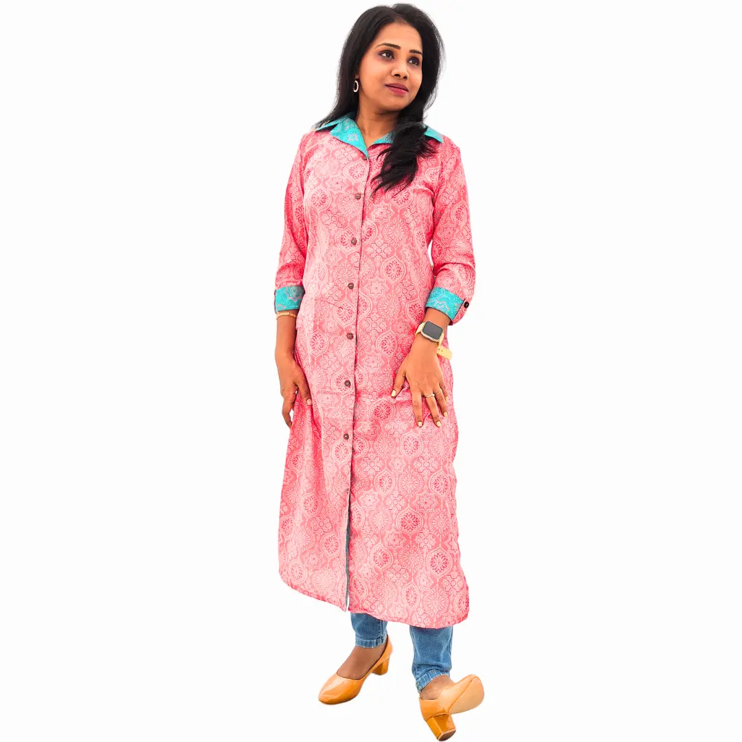 Thrinay collection Women's Cotton Blended Kurti - Women's Stitched Front Open Long Collared Jean Top Shrug Style Kurta Dress Women's Casual Wear Straight Cut Kurti Kurta for Women - Pink