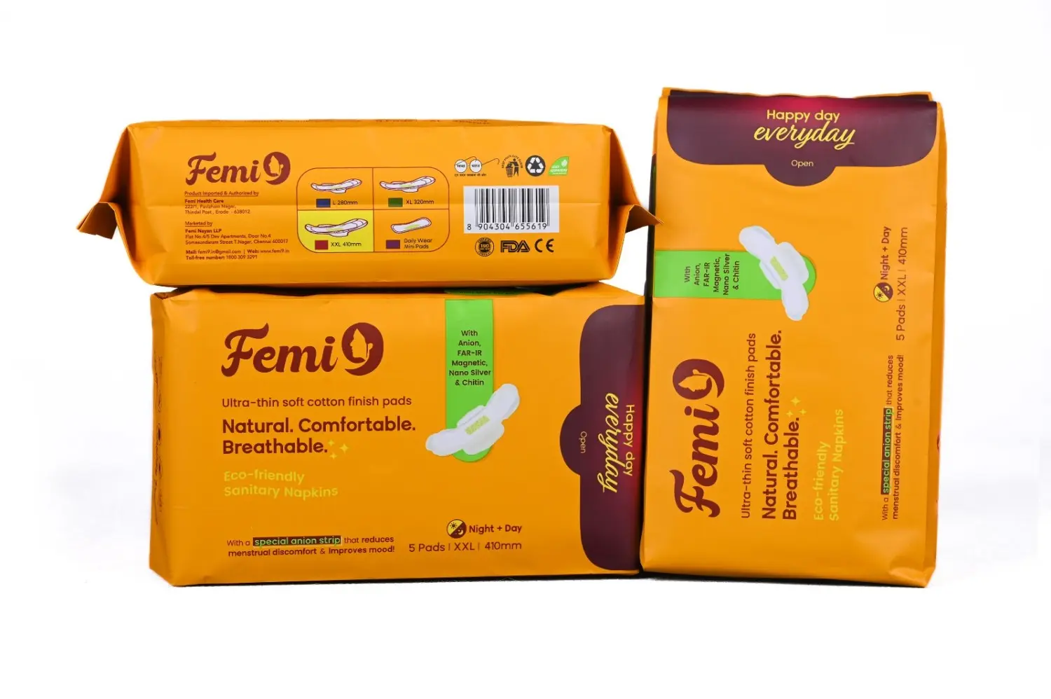 Femi9 All Night Ultra Comfort Sanitary Pads for Women | 100% leak protection | XXL Pads-410mm | Anion Technology | Irritations free | Leak Proof | Odor-Free | 5 Pads For each (Pack of 3)