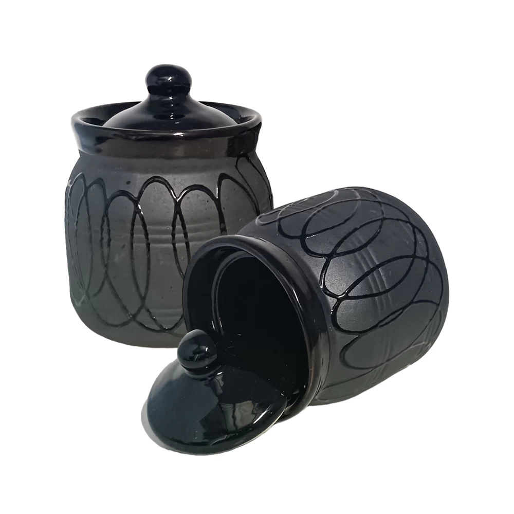 SPT Ceramic Hand Painted with Circular UV Designs Black Jilebi Jars and Container with Lid – 500ml | Ceramic Black Jilebi Jars and Container with Lid (Set of 2)