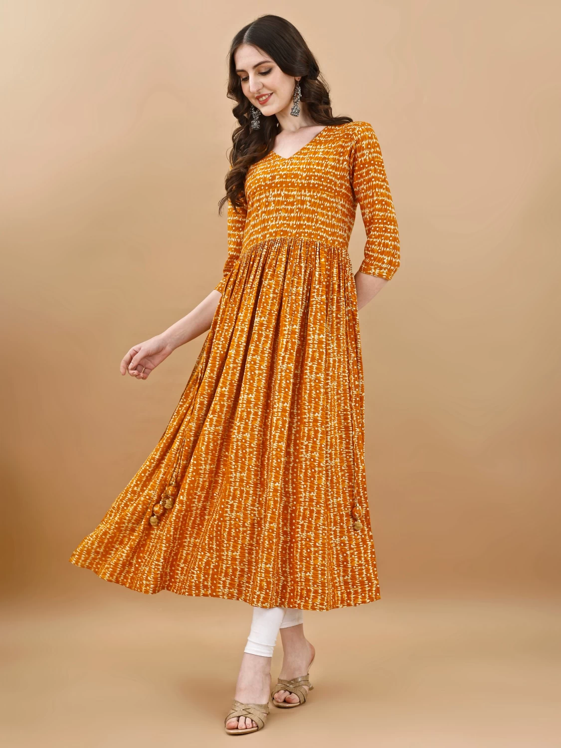 Women's Mustard Rayon Bandhani Printed Flared Kurta - Casual Wear - Comfortable & Stylish - Rayon Fabric - Ethnic Wear