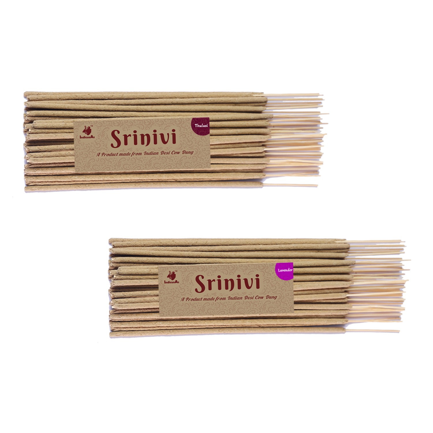 Srinivi Agarbattis - Made up of desi cow dung|Pack of 2|Each pack consists of 35 sticks|Fragrance – Thulasi, Lavender.