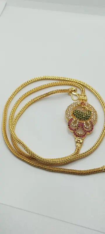 One Gram Micro Gold Plated Peacock Mogappu Chain, AD Stones for Women and Girls