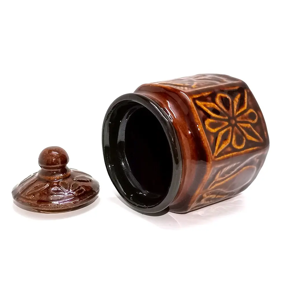 Ceramic Painted LW Jar with Lid- Pickle Jars | Diamond Shape | Brown | 250ml(11 x 11 x 11.5cms)