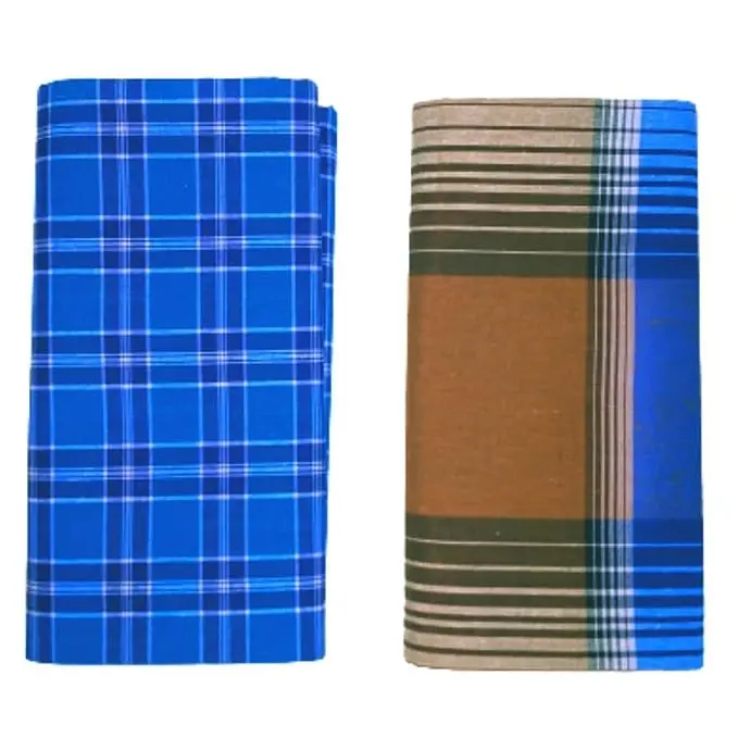 100% Pure Cotton Multicolor Premium Modern Lungies for Men (Size 2.25 Meters) Pack of 2 pcs. (MEDIUM BLUE/BIG BROWN CK)